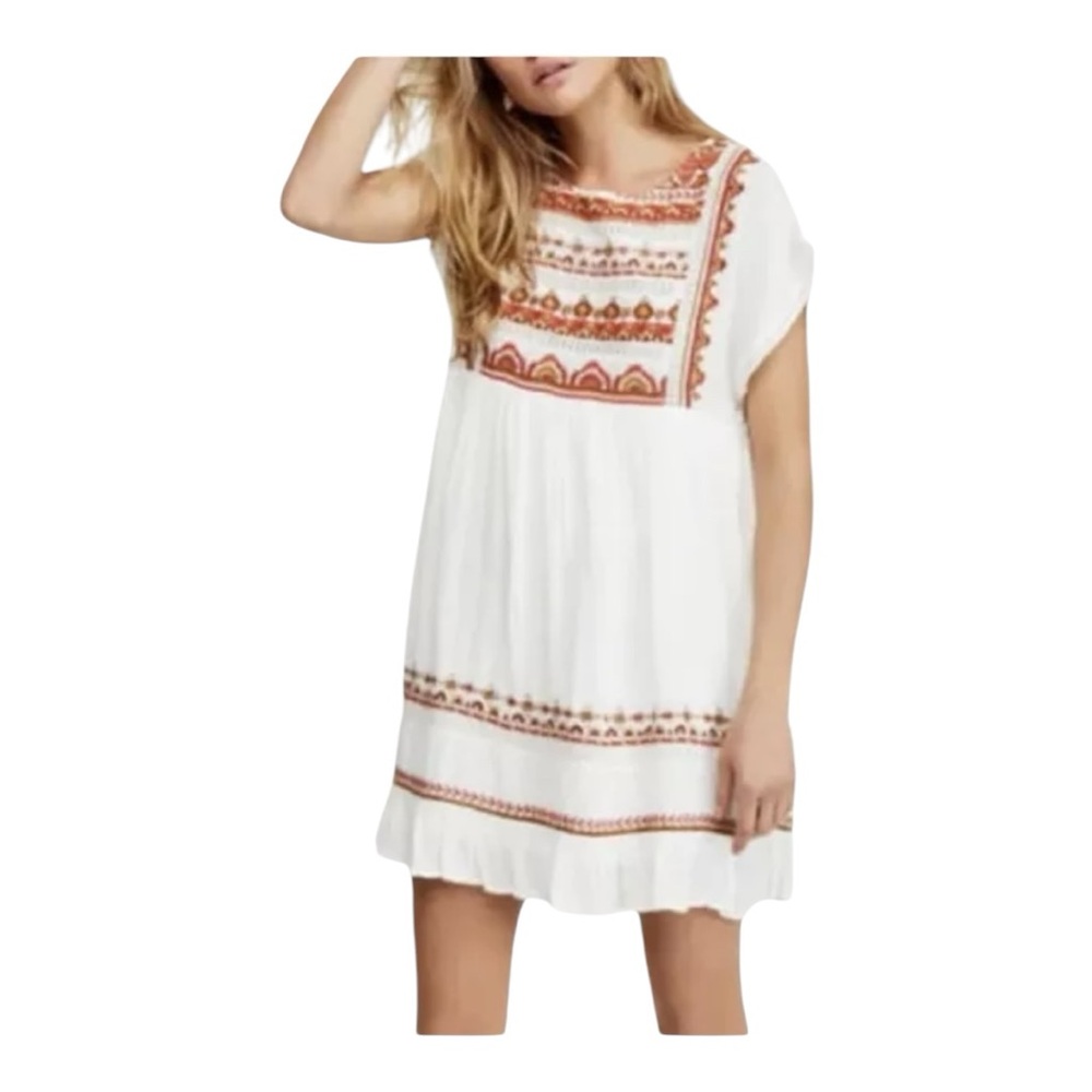Free People White Mini Dress with Rust Embroidery Panel